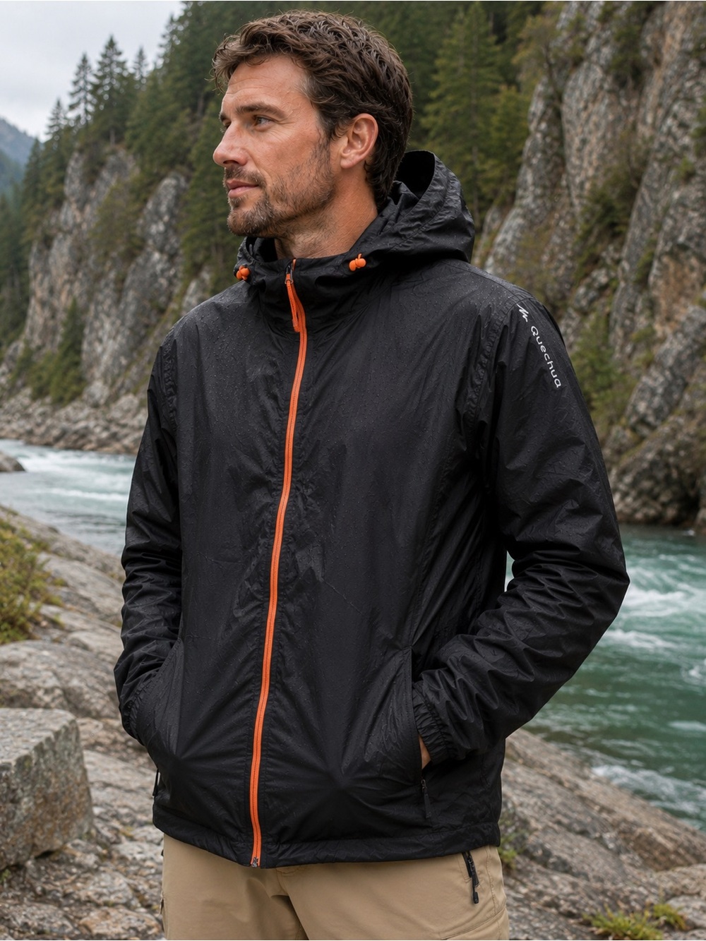 Quechua Men’s Waterproof Packable Rain Jacket - Black/Orange | Size Medium